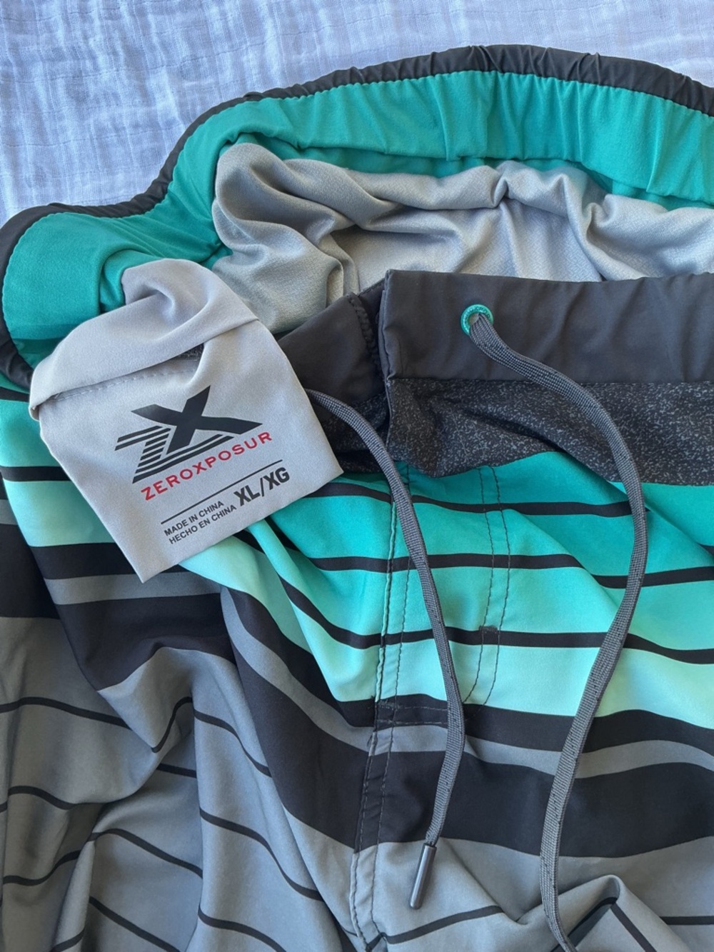 ZeroXposur Men's Swim Trunks in Teal & Gray Stripe